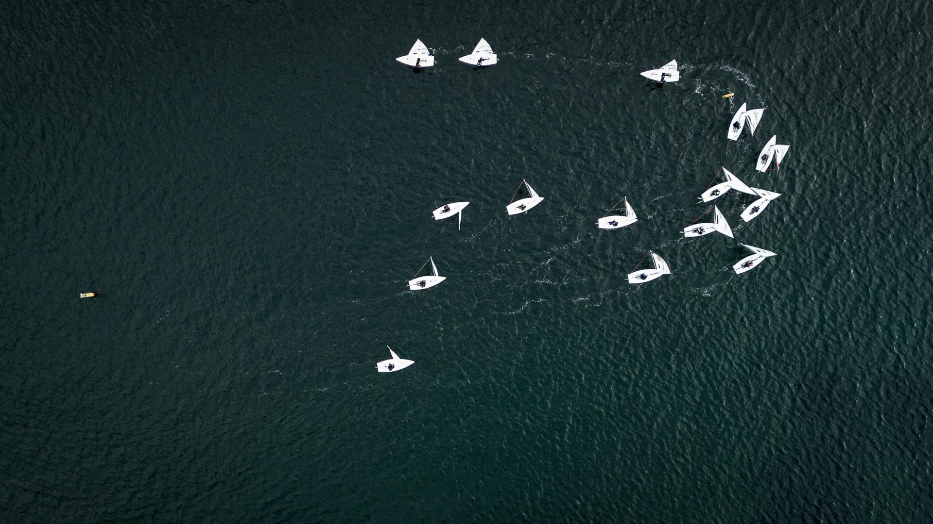 Luftfoto lodret ned over en gruppe hvide jollesejlere på mørkt vand